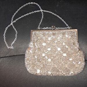 Vintage Bead Handmade Silver Purse Made in Hong Kong 7" Wide